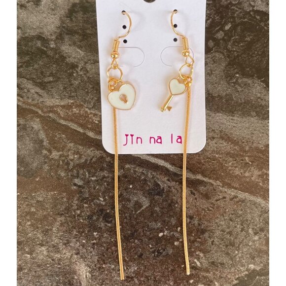 Heart Lock and Key Gold Plated Earrings in White by Jin na la Nickel Free - Picture 8 of 8